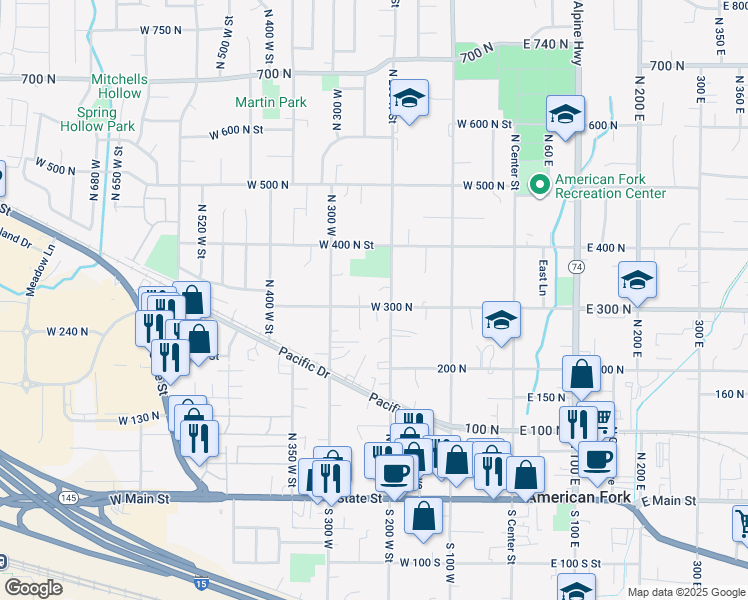 map of restaurants, bars, coffee shops, grocery stores, and more near 224 West 300 North in American Fork