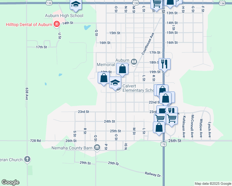map of restaurants, bars, coffee shops, grocery stores, and more near 2103 O Street in Auburn