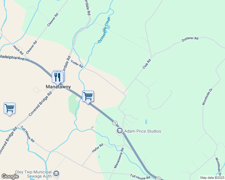map of restaurants, bars, coffee shops, grocery stores, and more near 168 Yoder Road in Oley