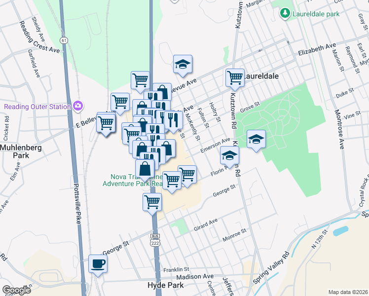 map of restaurants, bars, coffee shops, grocery stores, and more near 501 Emerson Avenue in Laureldale