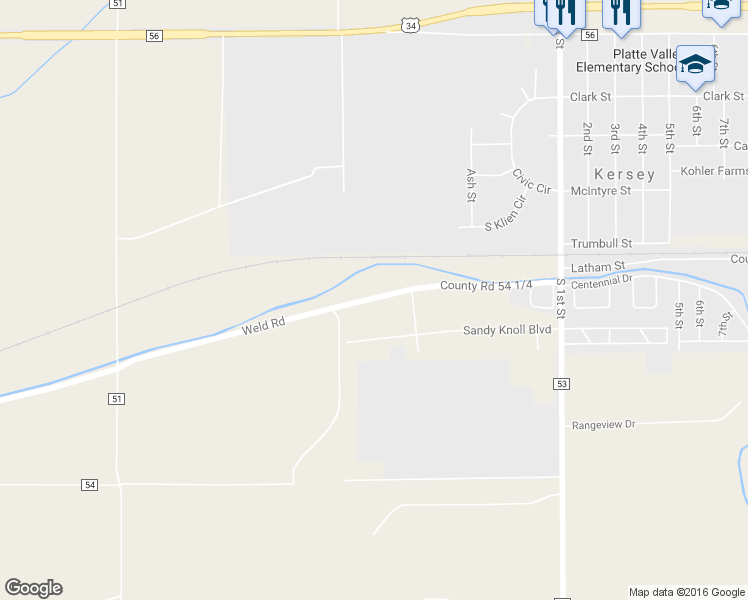 map of restaurants, bars, coffee shops, grocery stores, and more near 25596 County Road 54 1/4 in Kersey