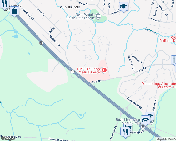 map of restaurants, bars, coffee shops, grocery stores, and more near 2000 Route 18 in Old Bridge Township