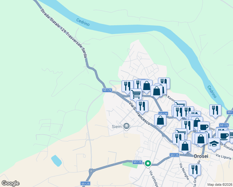 map of restaurants, bars, coffee shops, grocery stores, and more near 108 Via San Francesco in Orosei