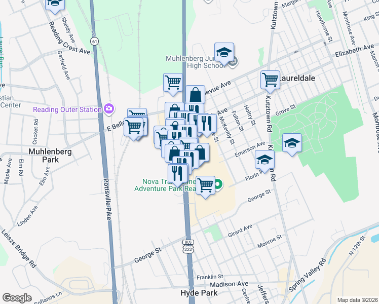 map of restaurants, bars, coffee shops, grocery stores, and more near 3225A North 5th Street Highway in Reading