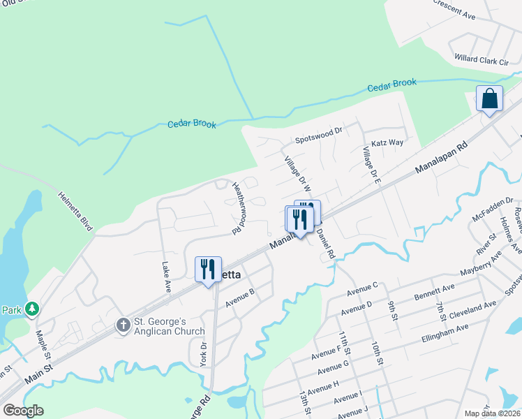 map of restaurants, bars, coffee shops, grocery stores, and more near 804 Meadow Court in Helmetta