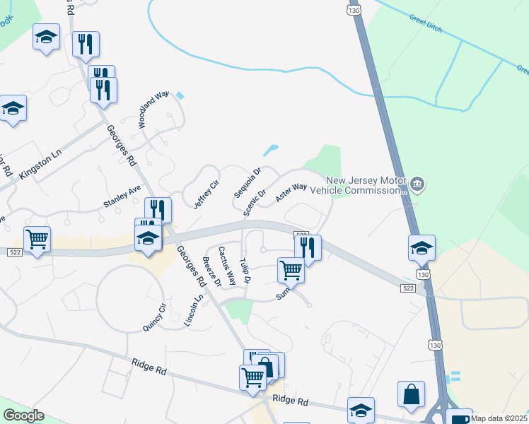 map of restaurants, bars, coffee shops, grocery stores, and more near 6 Aster Way in South Brunswick Township