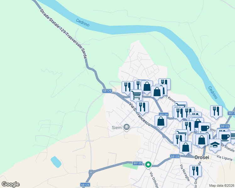 map of restaurants, bars, coffee shops, grocery stores, and more near 108 Via San Francesco in Orosei
