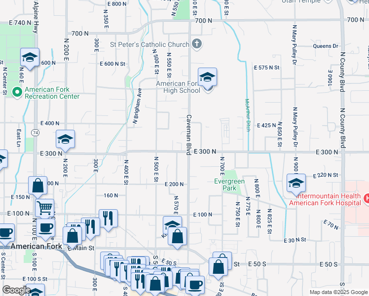 map of restaurants, bars, coffee shops, grocery stores, and more near 291 Caveman Boulevard in American Fork