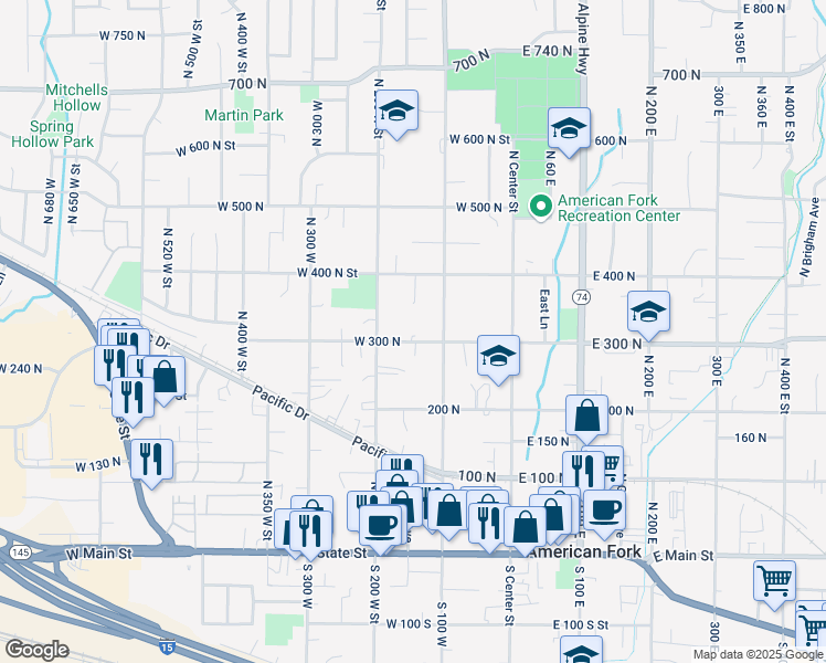 map of restaurants, bars, coffee shops, grocery stores, and more near 151 West 300 North in American Fork