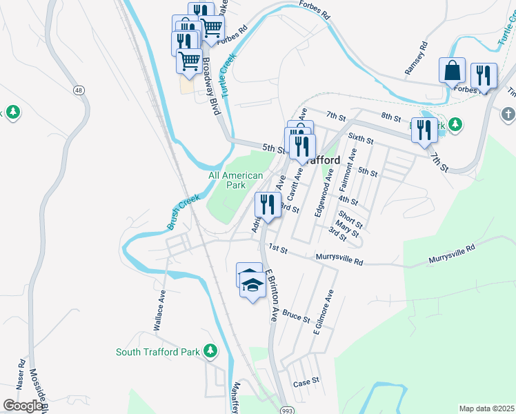 map of restaurants, bars, coffee shops, grocery stores, and more near 215 Brinton Avenue in Trafford