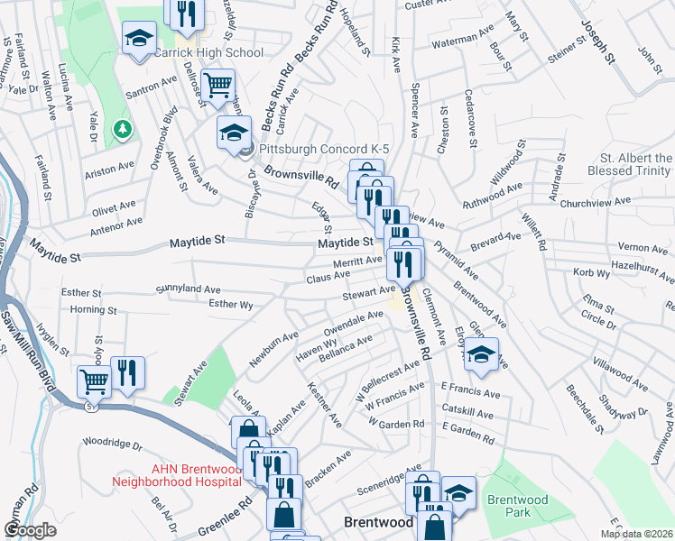 map of restaurants, bars, coffee shops, grocery stores, and more near 109 Claus Avenue in Pittsburgh