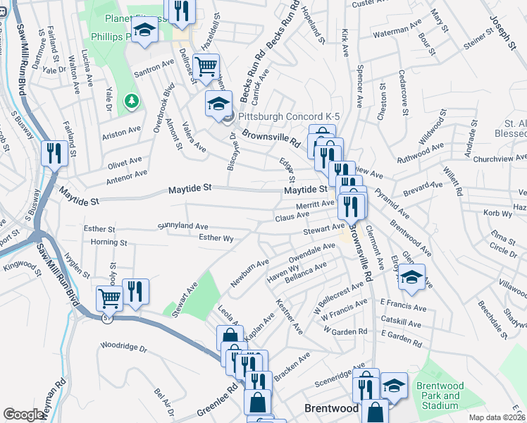 map of restaurants, bars, coffee shops, grocery stores, and more near 2724 Bethesda Street in Pittsburgh