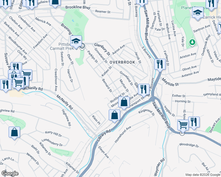map of restaurants, bars, coffee shops, grocery stores, and more near 2356 Bernard Street in Pittsburgh