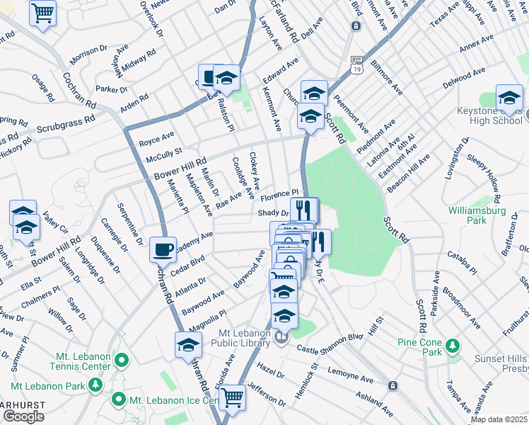 map of restaurants, bars, coffee shops, grocery stores, and more near 37 Shady Drive West in Pittsburgh