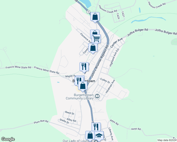 map of restaurants, bars, coffee shops, grocery stores, and more near 1515 South Main Street in Burgettstown