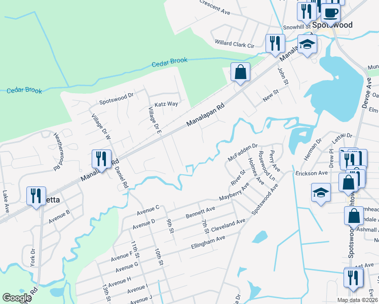 map of restaurants, bars, coffee shops, grocery stores, and more near 63 Outcalt Avenue in Spotswood