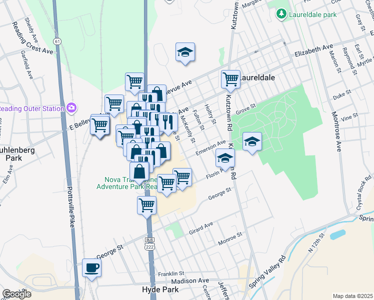 map of restaurants, bars, coffee shops, grocery stores, and more near 501 Emerson Avenue in Laureldale