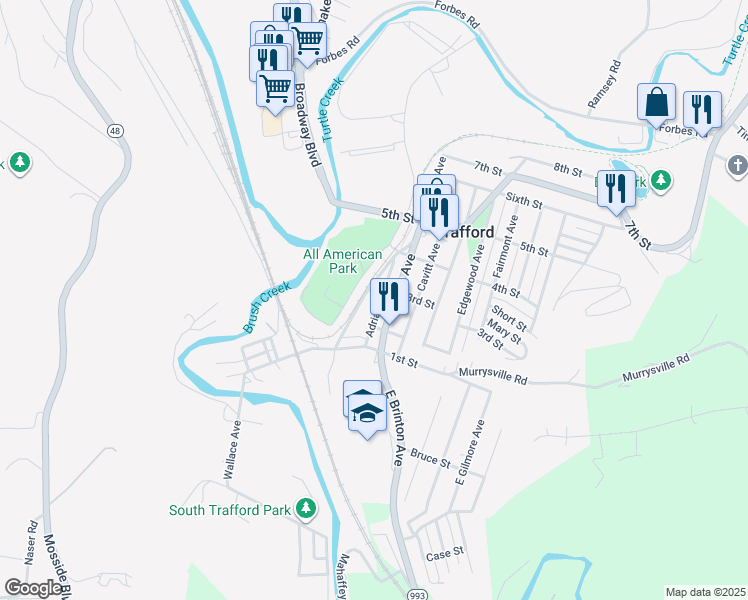 map of restaurants, bars, coffee shops, grocery stores, and more near 215 Brinton Avenue in Trafford