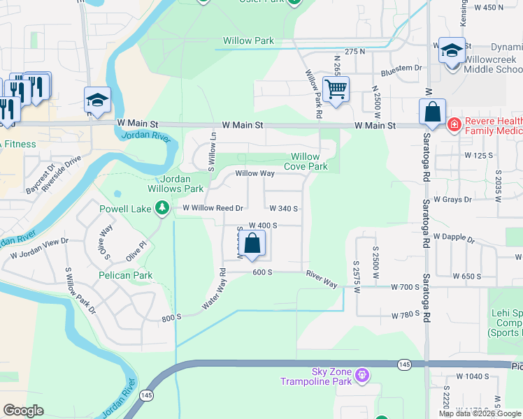 map of restaurants, bars, coffee shops, grocery stores, and more near 342 Willow Patch Road in Lehi