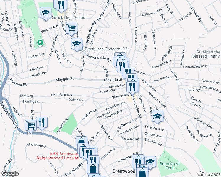 map of restaurants, bars, coffee shops, grocery stores, and more near 109 Claus Avenue in Pittsburgh