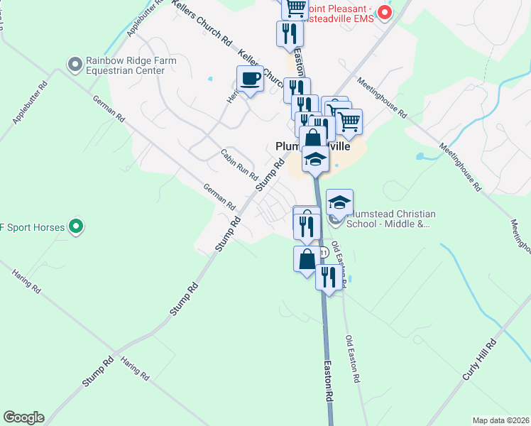 map of restaurants, bars, coffee shops, grocery stores, and more near 4790 Stump Road in Plumsteadville
