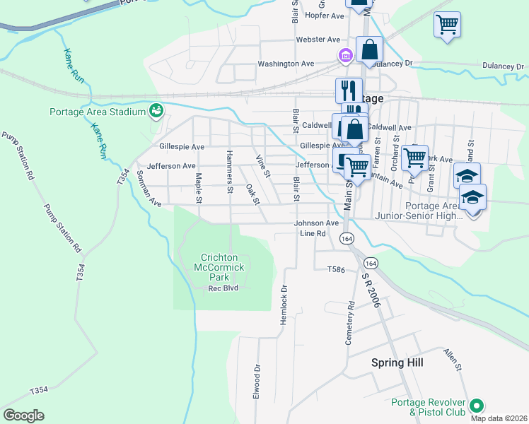map of restaurants, bars, coffee shops, grocery stores, and more near 1001 Oak Street in Portage
