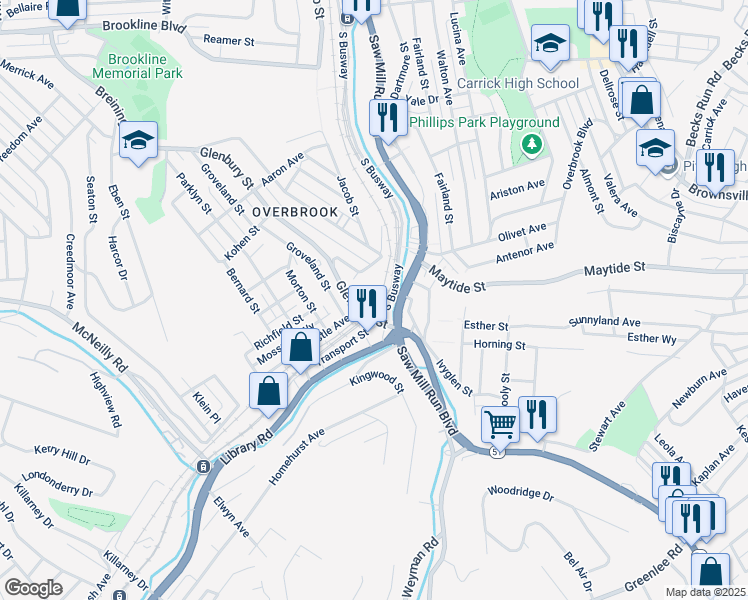 map of restaurants, bars, coffee shops, grocery stores, and more near in Pittsburgh
