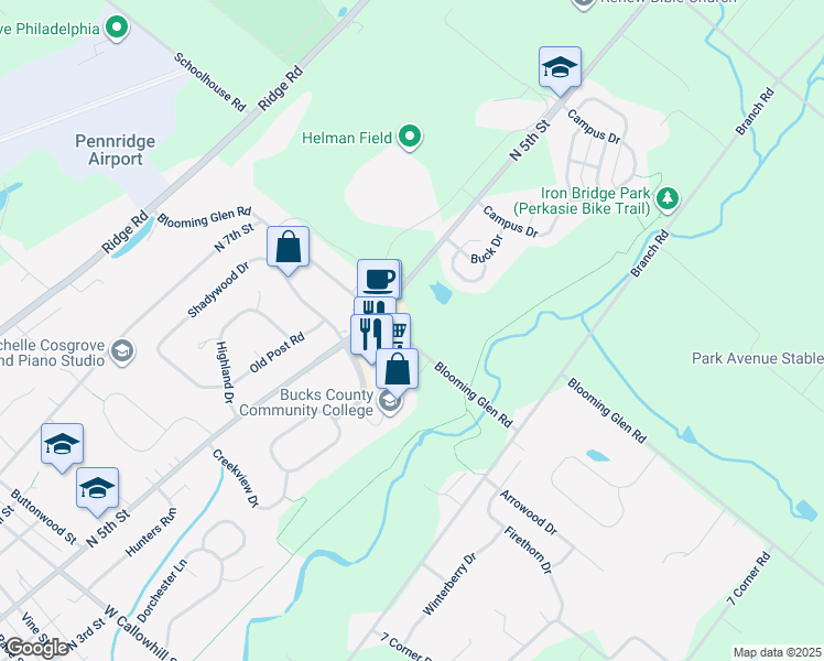 map of restaurants, bars, coffee shops, grocery stores, and more near 405 Blooming Glen Road in Perkasie