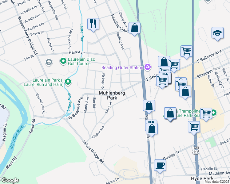 map of restaurants, bars, coffee shops, grocery stores, and more near in Muhlenberg Park