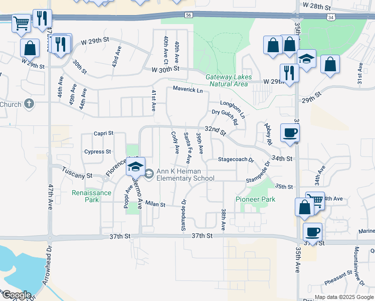 map of restaurants, bars, coffee shops, grocery stores, and more near 3400 Cody Avenue in Evans