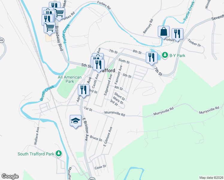 map of restaurants, bars, coffee shops, grocery stores, and more near 316 Fairmont Avenue in Trafford