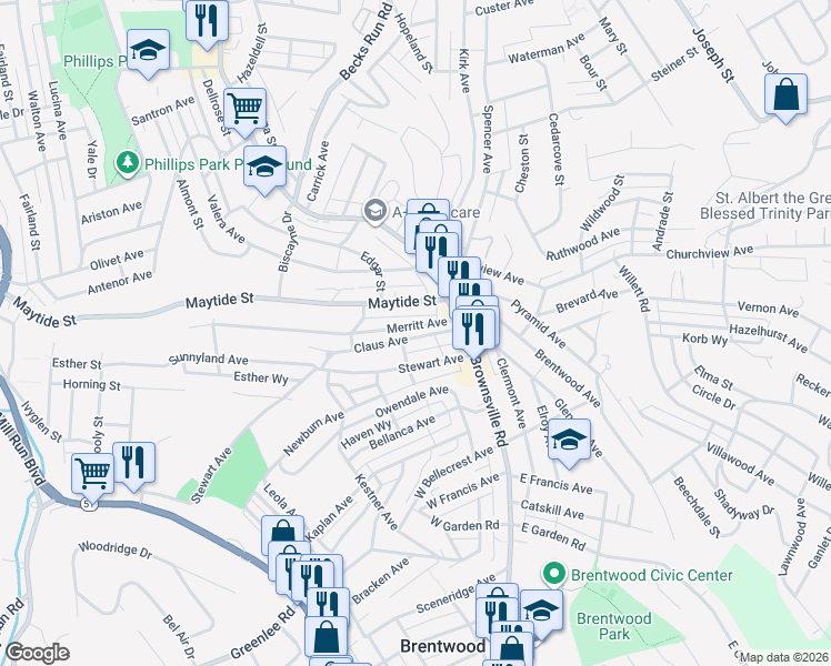 map of restaurants, bars, coffee shops, grocery stores, and more near 34 Stewart Avenue in Pittsburgh
