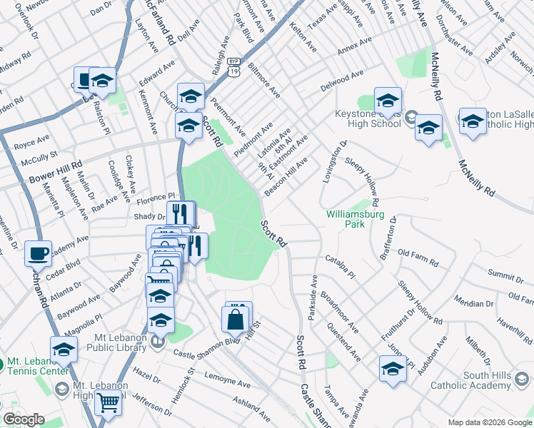 map of restaurants, bars, coffee shops, grocery stores, and more near 754 Scott Road in Pittsburgh