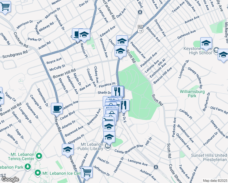 map of restaurants, bars, coffee shops, grocery stores, and more near 600 Washington Road in Mount Lebanon
