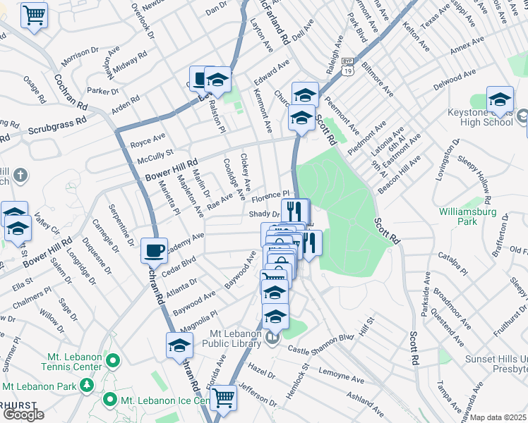 map of restaurants, bars, coffee shops, grocery stores, and more near 37 Shady Drive West in Pittsburgh