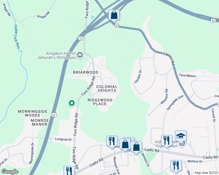 map of restaurants, bars, coffee shops, grocery stores, and more near 117 Brandywine Circle in Steubenville