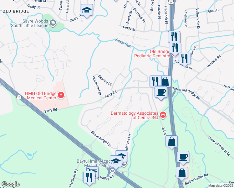 map of restaurants, bars, coffee shops, grocery stores, and more near 56 Emerald Lane in Old Bridge