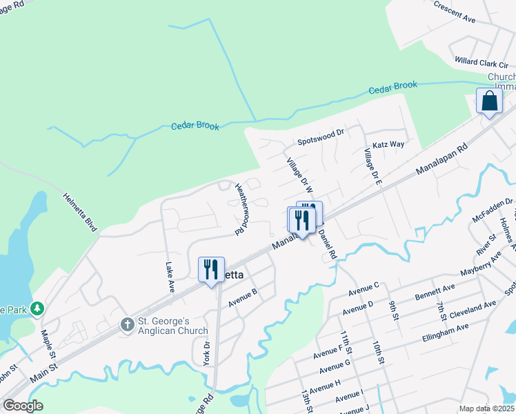 map of restaurants, bars, coffee shops, grocery stores, and more near 804 Meadow Court in Helmetta