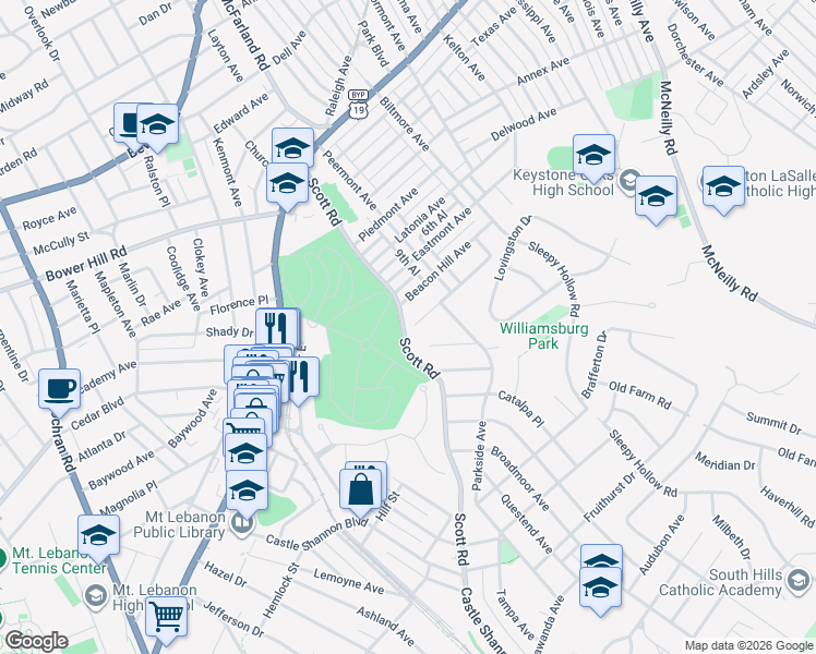 map of restaurants, bars, coffee shops, grocery stores, and more near 754 Scott Road in Pittsburgh
