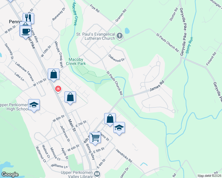 map of restaurants, bars, coffee shops, grocery stores, and more near 1001 Cedarbrook Lane in Pennsburg