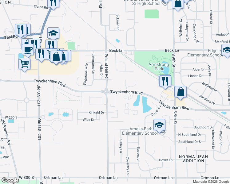 map of restaurants, bars, coffee shops, grocery stores, and more near Twyckenham Boulevard in Lafayette