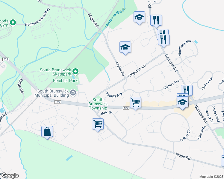 map of restaurants, bars, coffee shops, grocery stores, and more near 99 Kingston Lane in South Brunswick Township