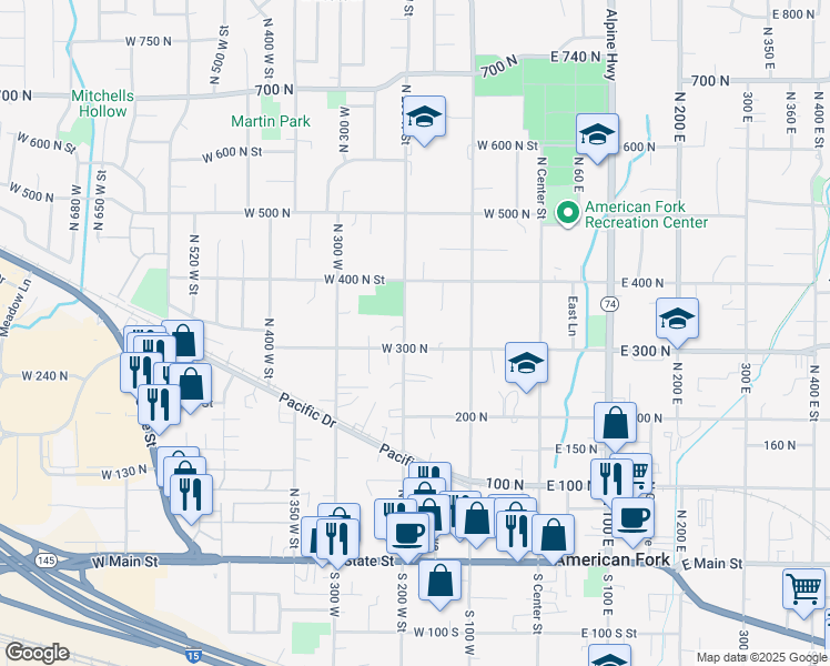 map of restaurants, bars, coffee shops, grocery stores, and more near 190 West 300 North in American Fork