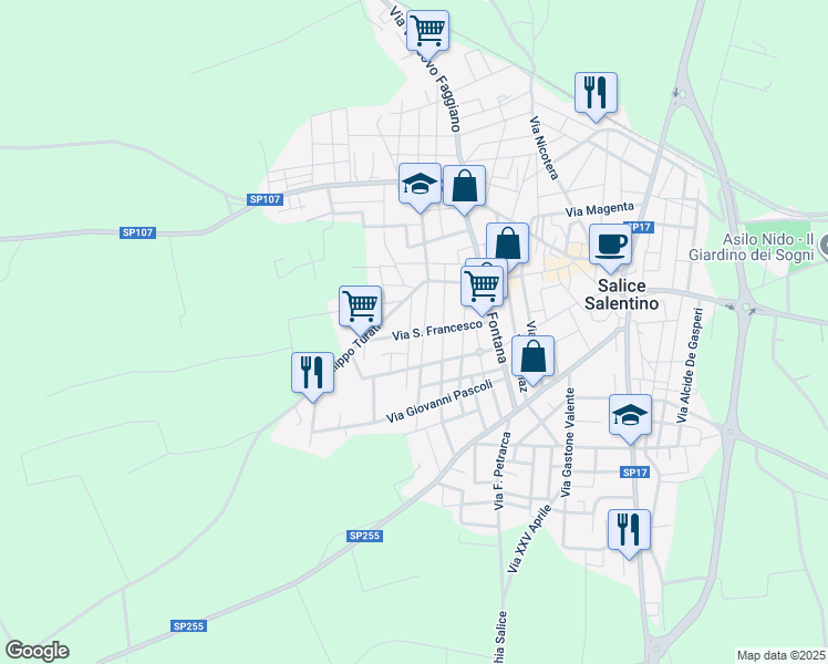 map of restaurants, bars, coffee shops, grocery stores, and more near 40 Via San Francesco in Salice Salentino