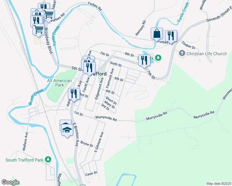 map of restaurants, bars, coffee shops, grocery stores, and more near 352 Catherine Street in Trafford