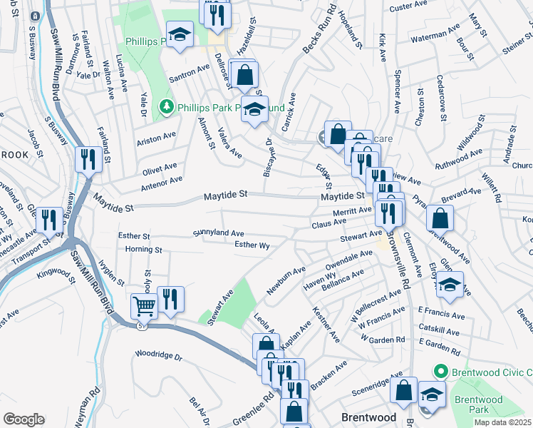 map of restaurants, bars, coffee shops, grocery stores, and more near 232 Sunnyland Avenue in Pittsburgh