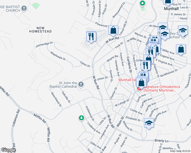 map of restaurants, bars, coffee shops, grocery stores, and more near 3701 West Run Road in Munhall