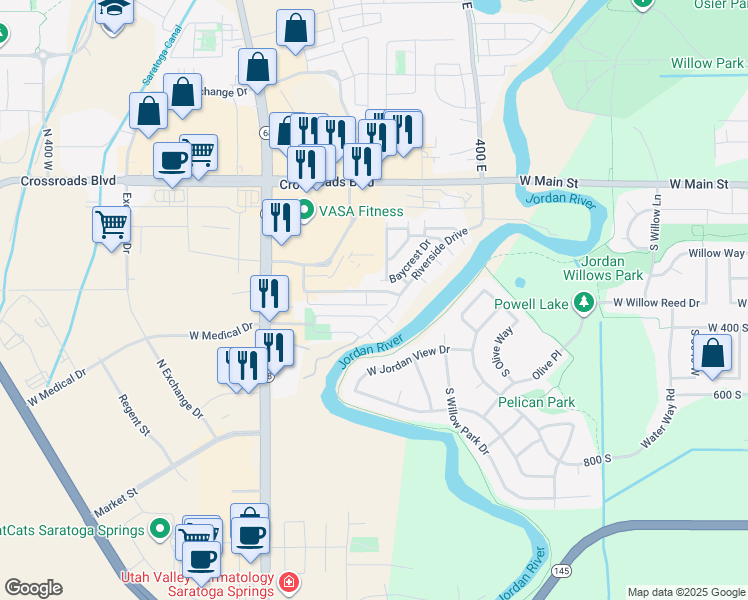 map of restaurants, bars, coffee shops, grocery stores, and more near 203 Jordan Ridge Boulevard in Saratoga Springs