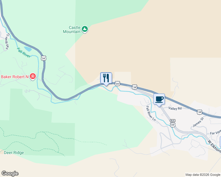 map of restaurants, bars, coffee shops, grocery stores, and more near 1280 Fall River Road in Estes Park
