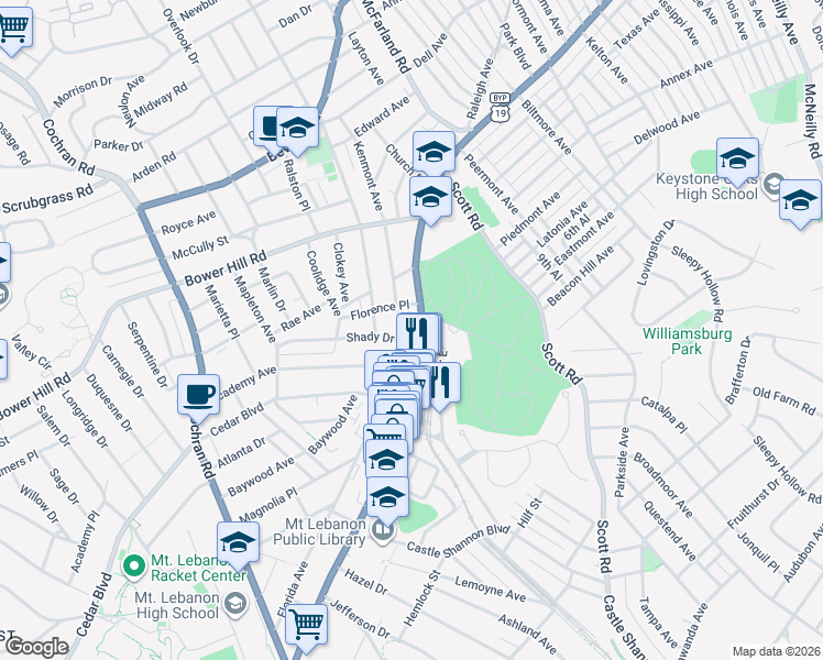 map of restaurants, bars, coffee shops, grocery stores, and more near 600 Washington Road in Mount Lebanon